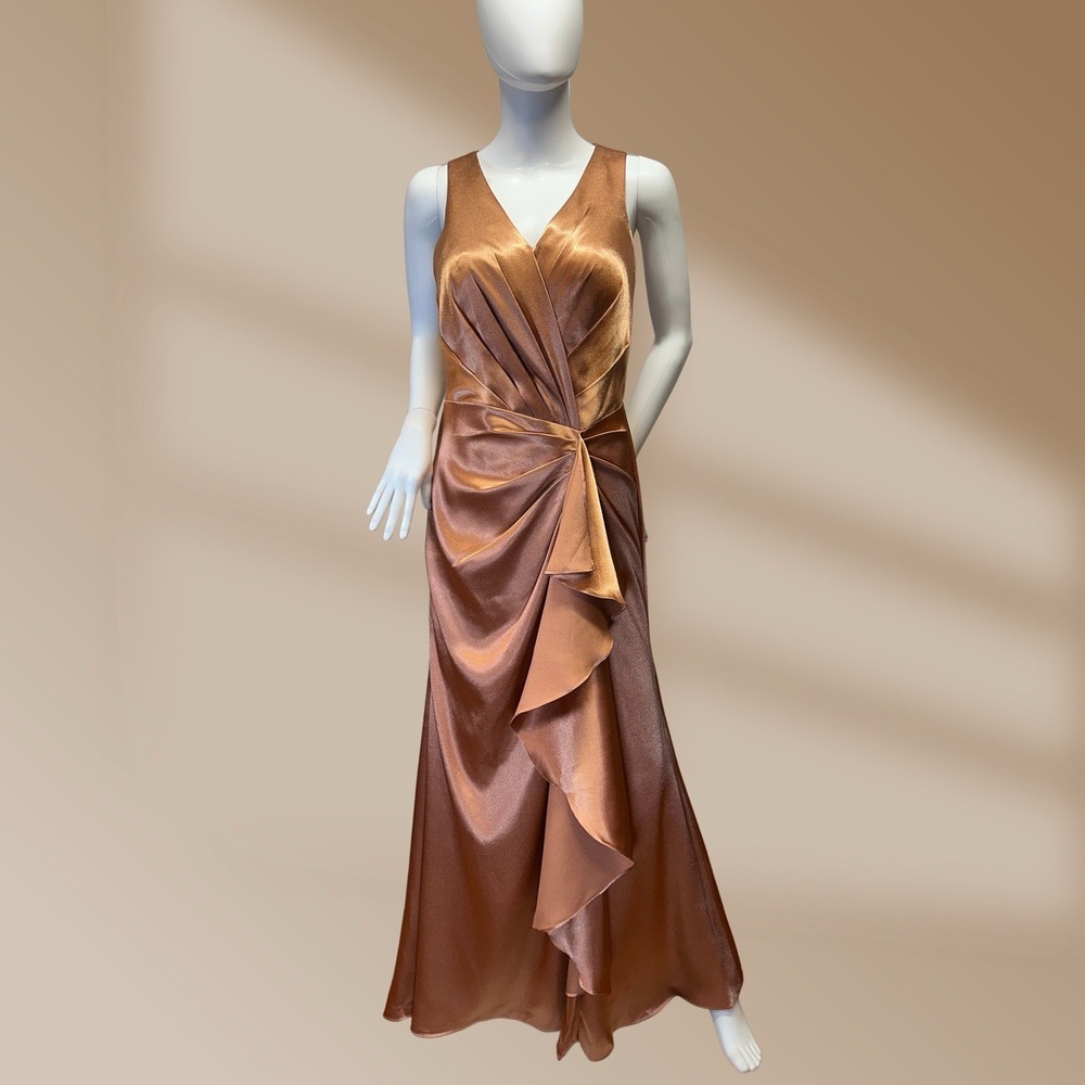 JJ House Ladies Gorgeous Satin Ruffled Long Gown in Color Bronzer Sz 8 NWT!